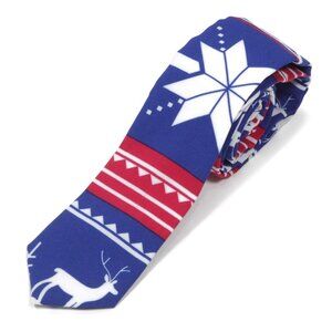 Opposuits Deer Elk Reindeer Snowflake Nordic Fair Isle Men's Neck Tie Blue White